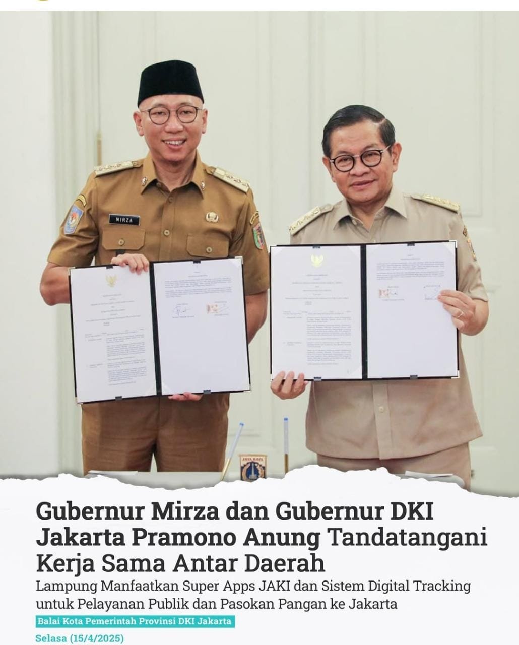 Gubernur Mirza dan Gubernur DKI Jakarta Teken MOU Pengembangan Potensi Daerah dan Pelayanan Publik