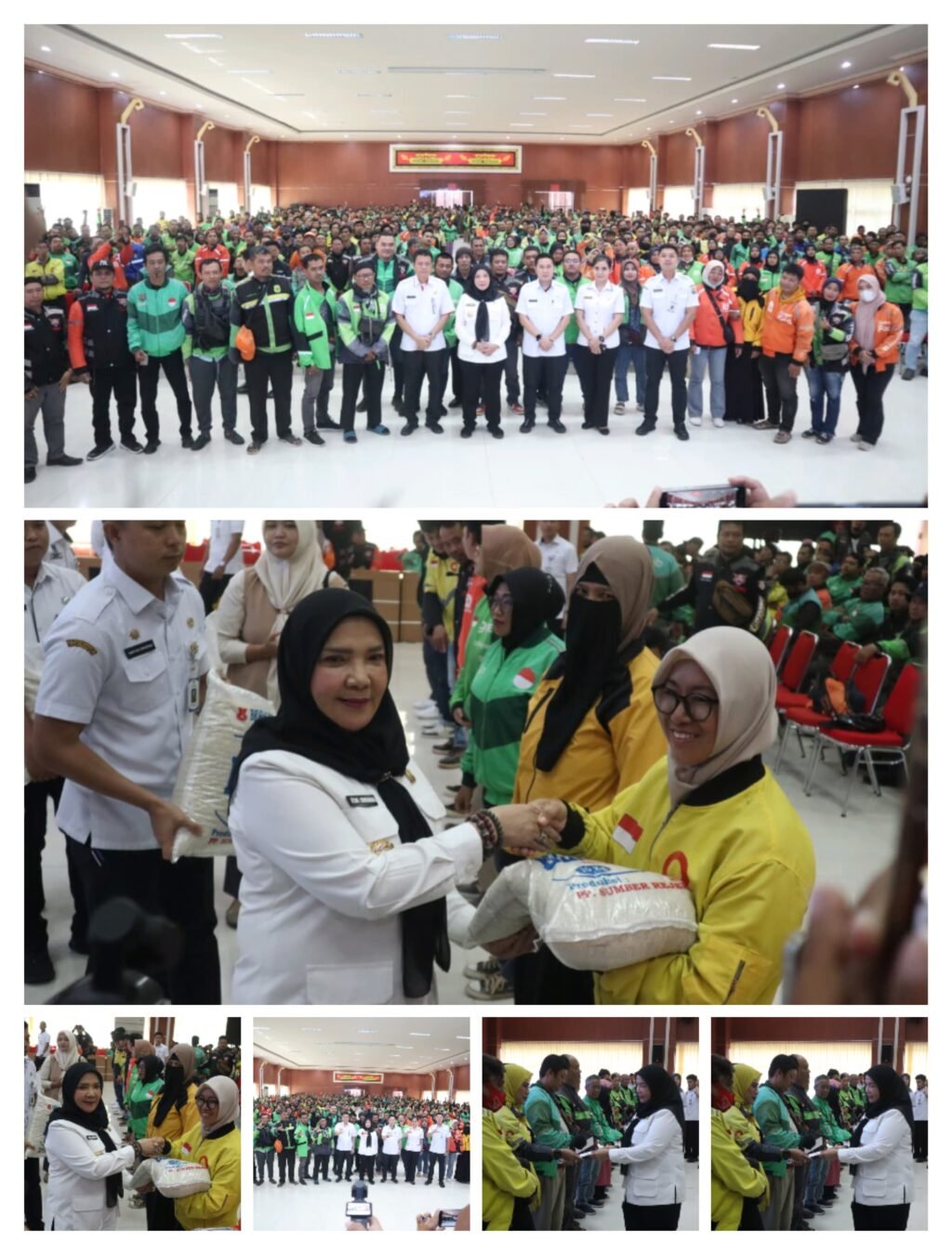 Walikota Hj Eva Dwiana Memberikan Bantuan Kepada Para Pengemudi Ojek Online, di Aula Gedung Semergou Kota Bandarlampung.