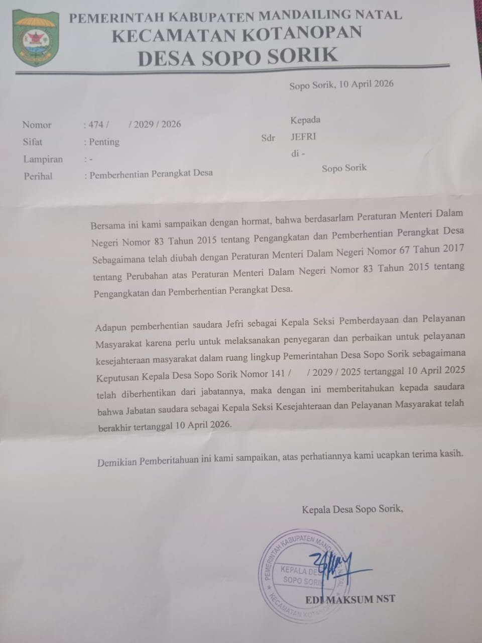 Ormas FKI-1 Madina akan laporkan Sekdes dan bendahara Desa Sopo Sorik