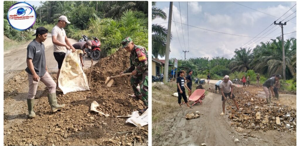 Babinsa dan Warga Pematang Pauh Gotong Royong Perbaiki Jalan Rusak Parah