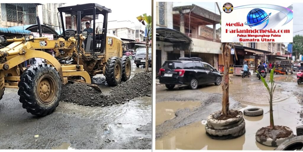 Wujud Kepedulian, Polsek Salapian Bersama Forkompinca dan Perusahaan Lakukan Perbaikan Jalan Merdeka