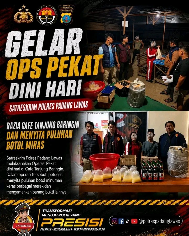 Gelar Ops Pekat Dini Hari Satreskrim Polres Padang Lawas Razia Cafe Tanjung Baringin dan Menyita Puluhan Botol Miras
