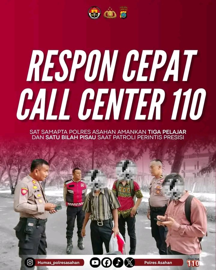Respon Cepat Call Center 110, Sat Samapta Polres Asahan Amankan Tiga Pelajar dan Satu Bilah Pisau Saat Patroli Perintis Presisi