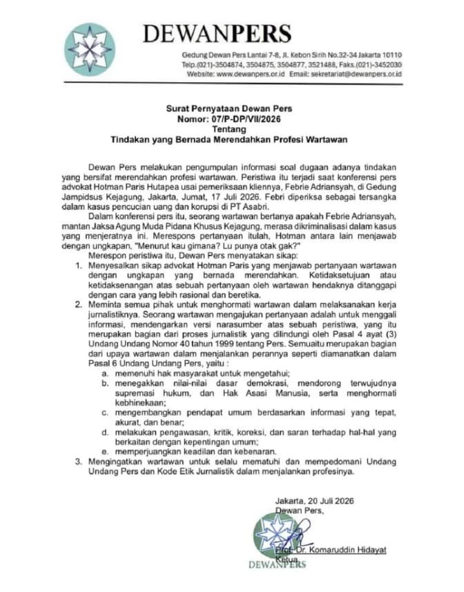 Dewan Pers Keluarkan Surat Pernyataan: Kecam Tindakan yang Merendahkan Profesi Wartawan