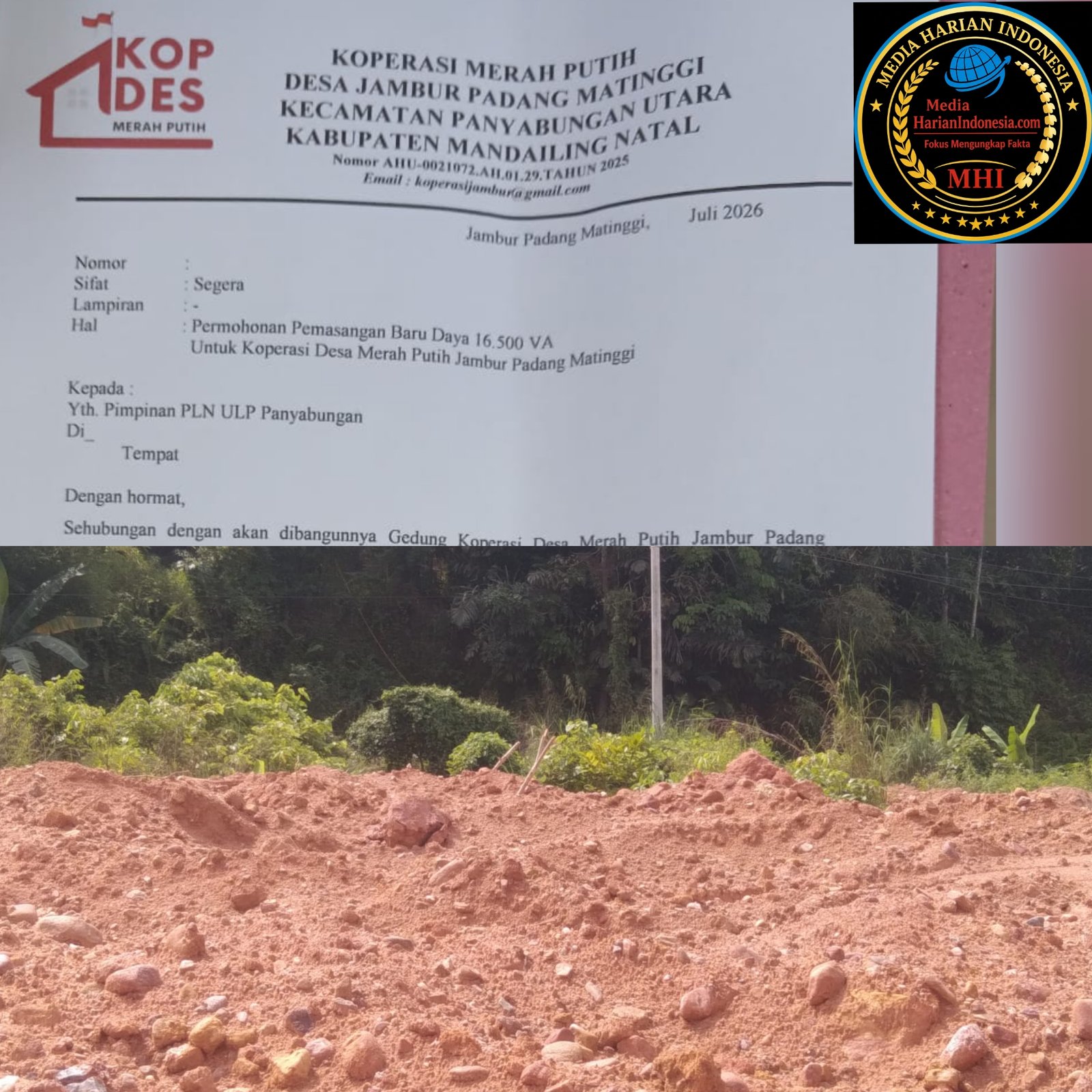 Koperasi Merah Putih Desa Jambur Padang Matinggi mengusulkan Perpindahan tiang PLN dan pengusulan pemasang daya 16.500 VA