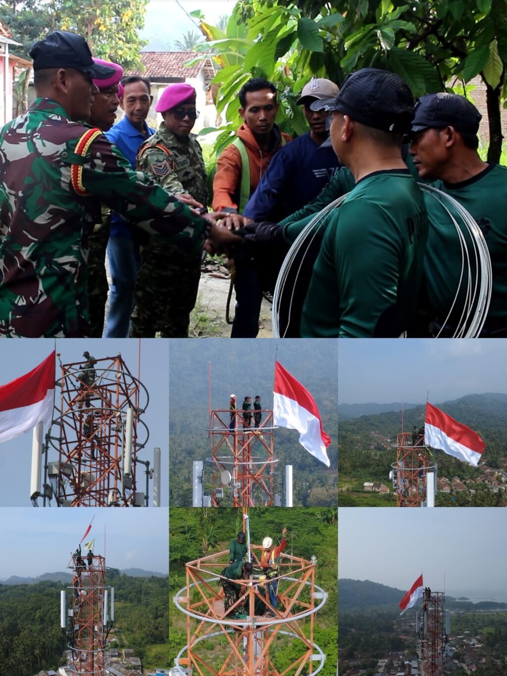Jelang HUT Ke-81 RI, Puslatpurmar 8 Teluk Ratai Kibarkan Merah Putih di Menara Telkomsel Setinggi 74 Meter