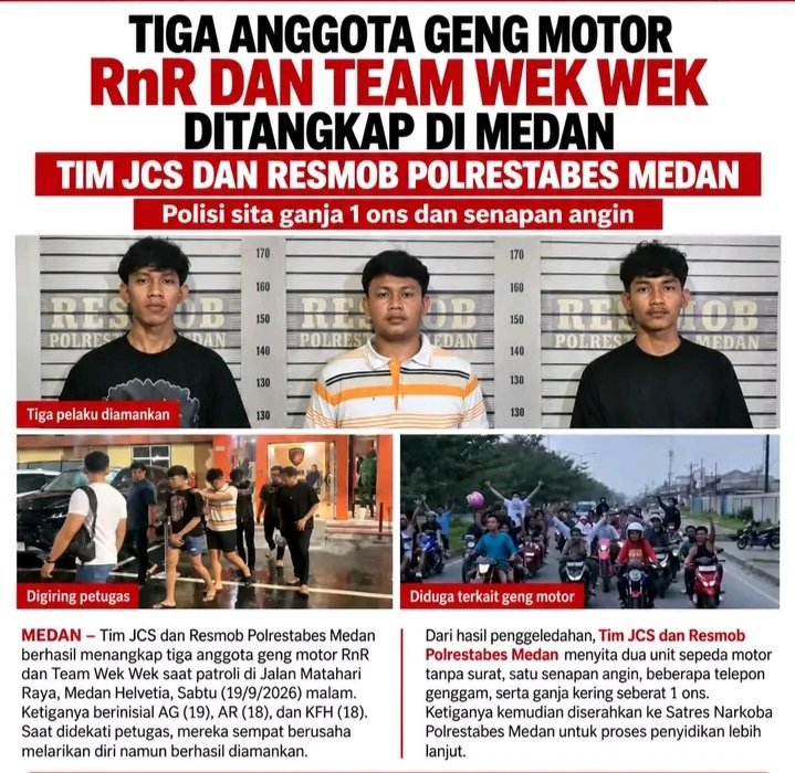 Tim JCS dan Resmob Polrestabes Medan Amankan 3 Pemuda Geng Motor RnR dan Team Wek Wek, Sita Ganja 1 Ons