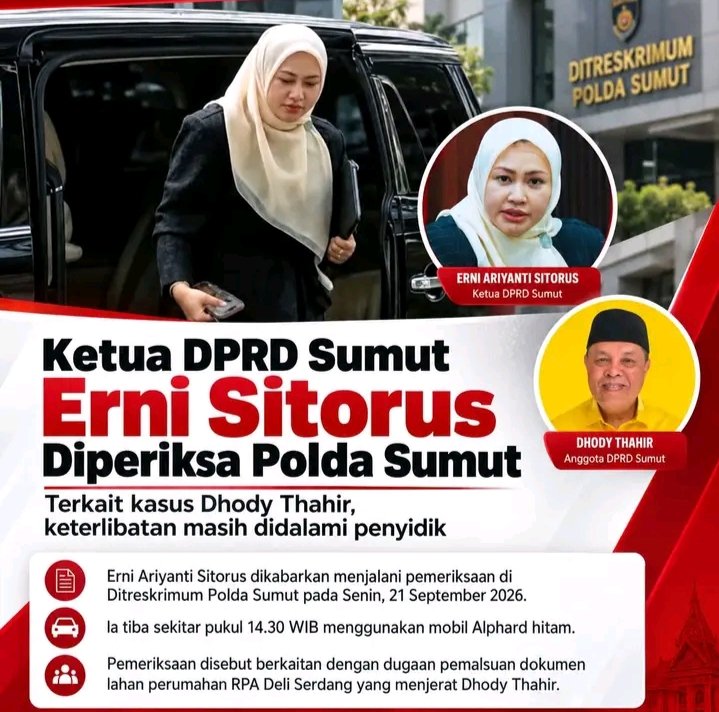 Ketua DPRD Sumut Erni Ariyanti Sitorus Dikabarkan Diperiksa Polda Sumut Terkait Kasus Lahan RPA
