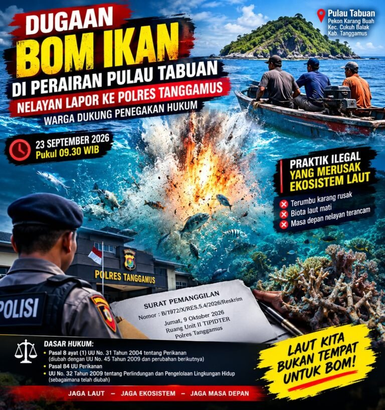 Dugaan Penggunaan Bahan Peledak di Perairan Pulau Tabuan Dilaporkan ke Polres Tanggamus, Nelayan Minta Penanganan Transparan