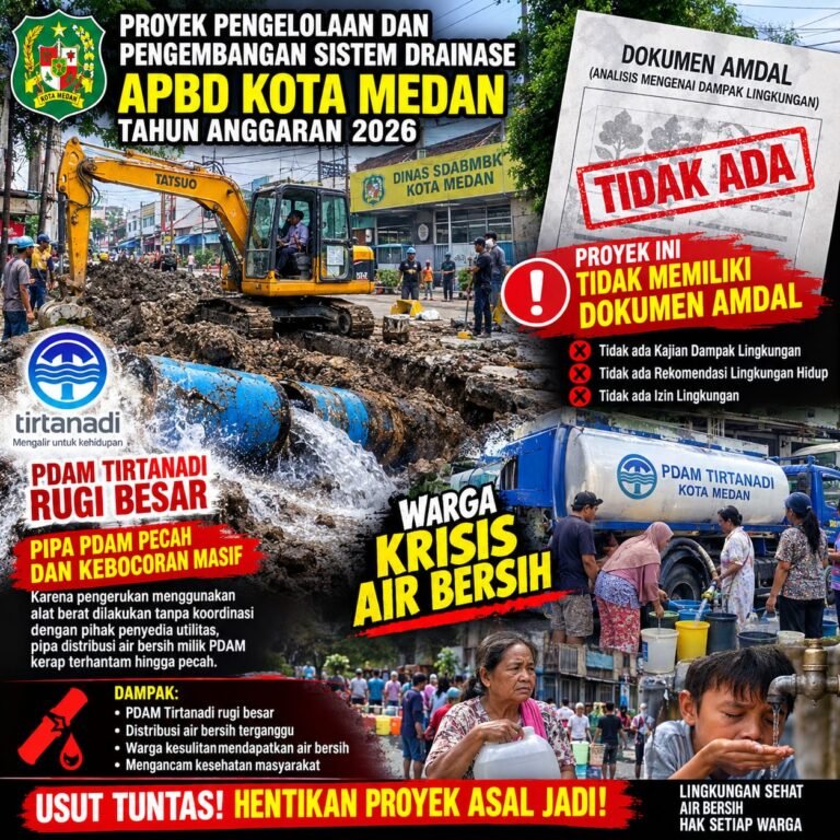 Proyek Pengelolaan dan Pengembangan Sistem Drainase APBD Kota Medan TA 2026 Tidak Memiliki Dokumen AMDAL Sehingga Menyebabkan PDAM Tirtanadi Rugi Besar Dan Krisis Air Bersih