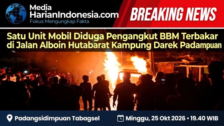 Satu Unit Mobil Diduga Pengangkut BBM Terbakar di Jalan Alboin Hutabarat Kampung Darek Padangsidimpuan
