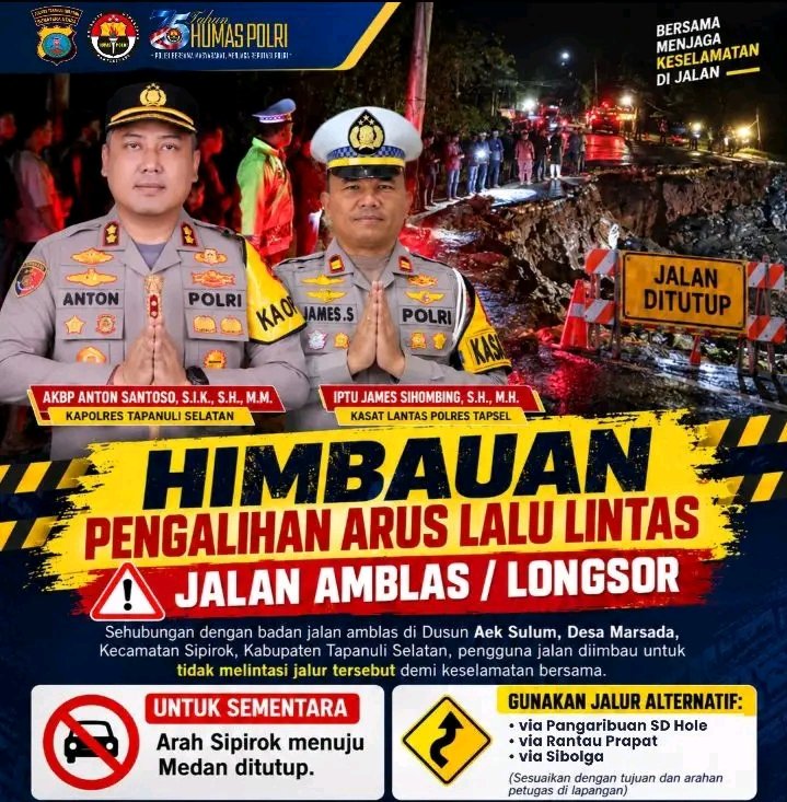 Badan Jalan di Dusun Aek Sulum Sipirok Amblas, Arus Lalulintas Menuju Medan dan Sebaliknya Ditutup Sementara
