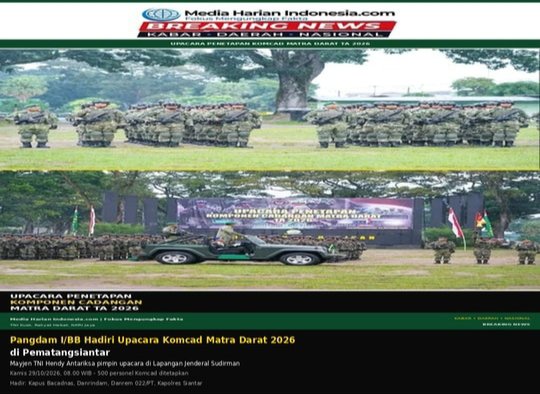Pangdam I/BB Hadiri Upacara Komcad Matra Darat 2026 di Pematangsiantar
